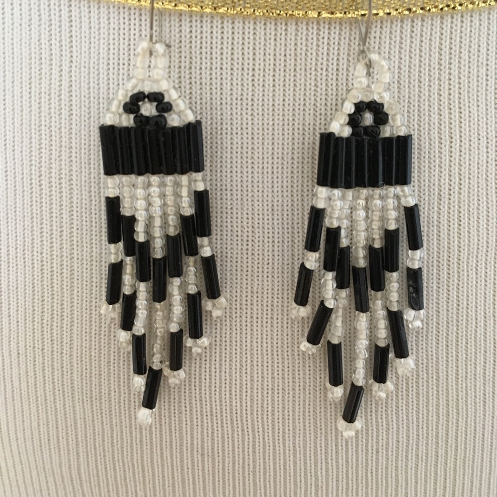 Beaded chandler earrings black and white cascading